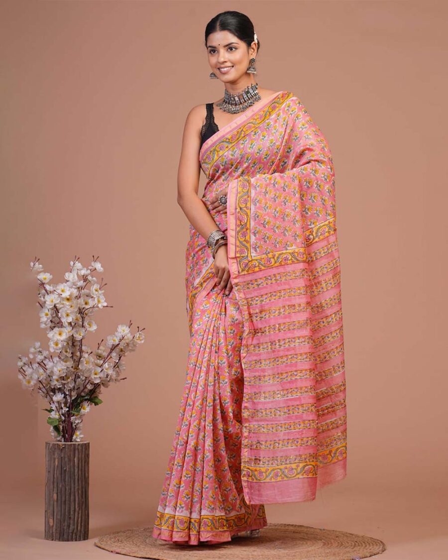 Hand Block Printed Chanderi Silk Saree CCHA00011